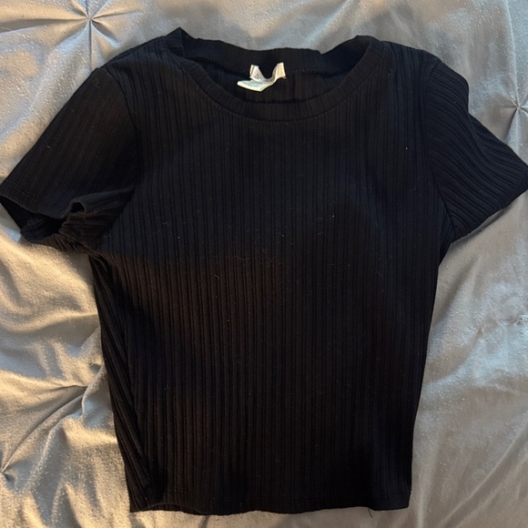 Bozzolo Tops - Bozzolo Black Ribbed Short Sleeve Tee